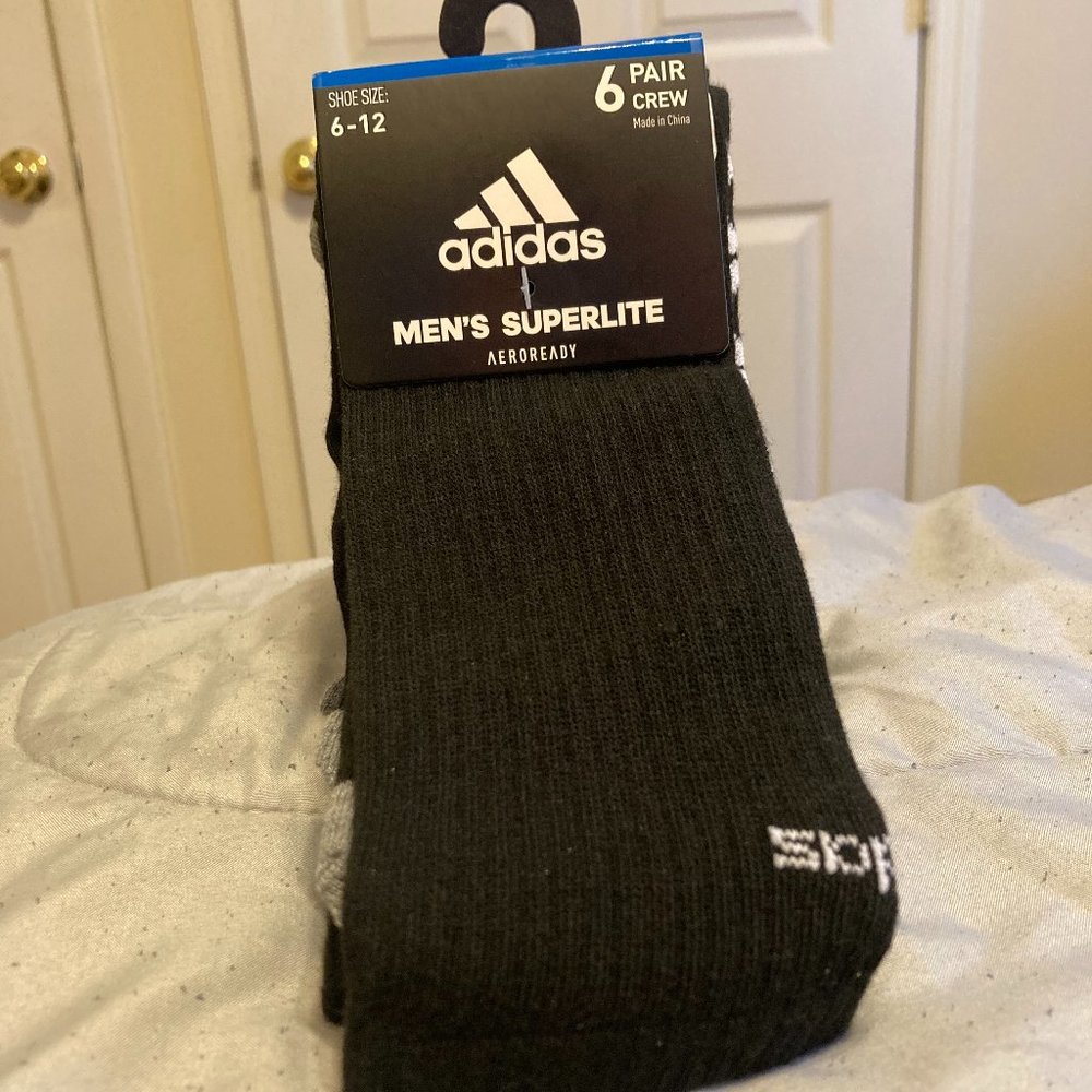 Adidas Men's Superlite Aeroready 6 Pair Crew Socks Black/White Size 6-12 NWT